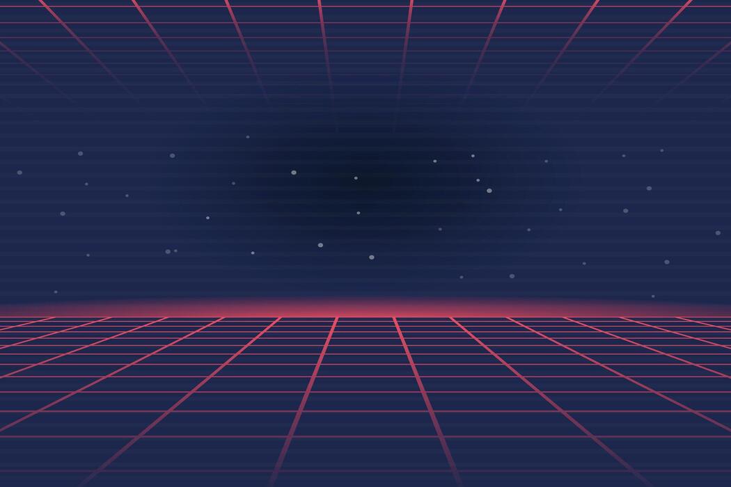 アート・デザイン・音楽 Transformation of the Landscape Retro landscape skyline with neon light grid, sunset and