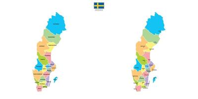 Double set map of Sweden with division to region on color. Flat design with national flag. Outline version on white background illustration. vector