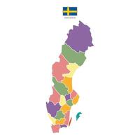 Flat colored Sweden map. Outline with division to region. Sweden map isolated on white background. Illustration with national flag. vector