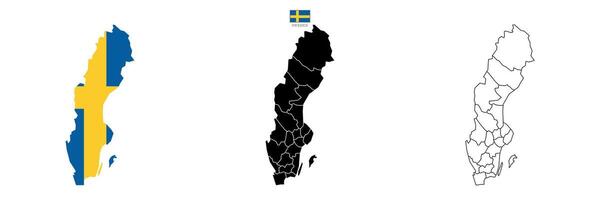 Triple set map of Sweden with division to region on color. Flat design with national flag. Outline version on white background illustration. vector