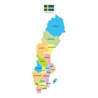 Map of Sweden with division to region on color. With region name. Flat design with national flag illustration. vector