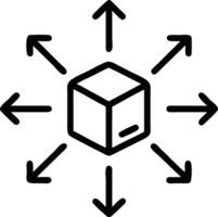 Cube with arrows pointing outwards in all directions representing distribution and expansion concept vector