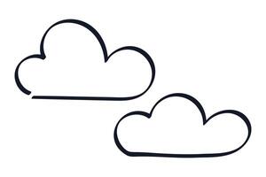 Doodle of two Clouds. Hand drawn marker sky Symbol. Outline Cloudy Weather. Curly line. Isolated black ink shapes. Simple Comic style. Childish image. Black and white Sketch icons. illustration vector