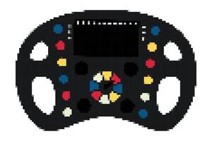 Pixel Steering Wheel with buttons, screen of Formula 1 racing car. Control of sports transport in 8-bit style. Retro game. Motorsport element. Isolated on white background. Color illustration vector