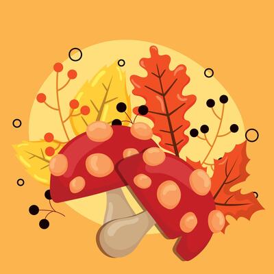Red mushrooms and autumn leaves.