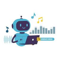 Flat Illustration of AI Robot Generating Music Using Laptop and Sound Visualization vector