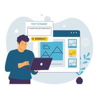Flat Illustration of Man Using AI Text to Image Generator vector