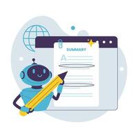 Flat Illustration of AI Robot Generating Automatic Text Summaries on Digital Document vector