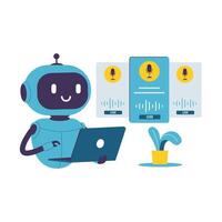 Flat Illustration of Cute AI Robot Using Voice Changer Software on Laptop vector
