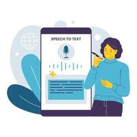 Flat Illustration of Woman Using AI Speech to Text Feature on Mobile Application vector