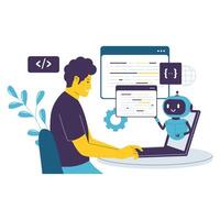 Flat Illustration of AI Coding Assistant Helping Developer with Programming Tasks vector