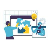 Flat Illustration of Human and AI Robot Collaborating to Solve a Problem Together vector