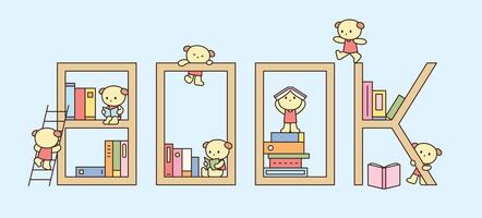 Cute bear characters playing and reading around bookshelves shaped like the word BOOK vector