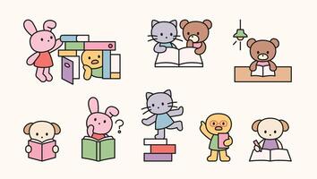 Cute animal characters reading, writing, and learning with books in playful and curious poses. vector