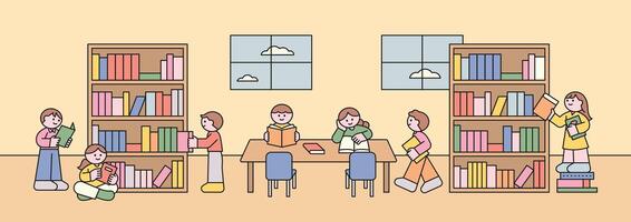 Children reading and exploring books in a cozy library filled with colorful shelves. vector