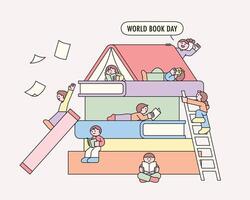 Happy children reading books and playing on a giant stack of colorful books to celebrate World Book Day vector