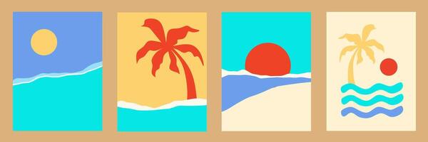 Set of tropical summer vertical design templates with copy space, palm tree, wave, sun, sky on colorful backgrounds for banner, greeting card, summer beach poster and advertising. Fun concept. vector