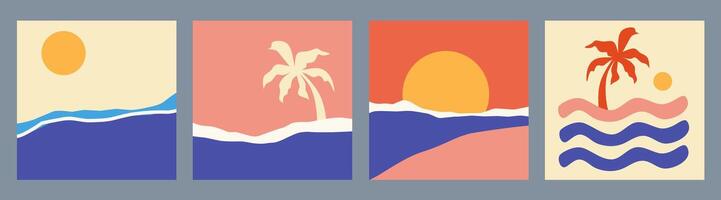 Set of tropical summer square design templates with copy space, palm tree, wave, sun, sky on colorful backgrounds for banner, greeting card, social media, poster and advertising. Fun concept vector