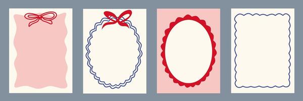 Set of wavy frames. Doodle wave edge borders. Retro Dolce Vita curved shapes, rectangular, oval, circular elements, frame, forms. Abstract vintage pink geometric posters. Whimsical summer pattern. vector