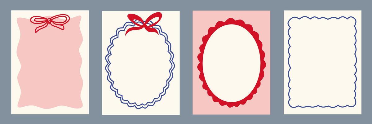 Set of wavy frames. Doodle wave edge borders. Retro Dolce Vita curved shapes, rectangular, oval, circular elements, frame, forms. Abstract vintage pink geometric posters. Whimsical summer pattern.