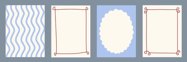 Set of wavy frames. Doodle wave edge borders. Retro Dolce Vita curved shapes, rectangular, oval, circular elements, frame, forms. Abstract vintage geometric posters. Whimsical summer flat pattern. vector