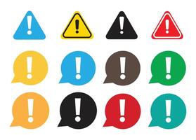 Diverse collection of colorful exclamation mark signs shapes conveys attention or warning, isolated vector