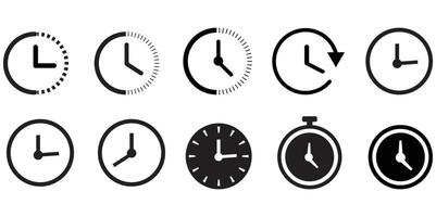 Ten different clocks and timepieces are displayed in black outline against a white background vector