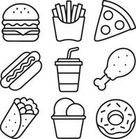 Hand-drawn Line Art of Fast Food in 3x3 Grid Format vector