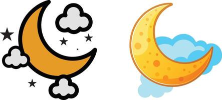 two crescent moon illustration with stars and clouds vector