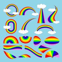 A colorful collection of rainbow elements with clouds, arcs, and curves on a blue background, fun and perfect for kids or pride themes. vector