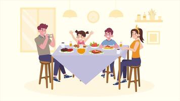 animado lazo de un contento familia disfrutando un comida juntos a hogar. Perfecto para ilustrando familia tiempo, comida, celebracion, y estilo de vida en un moderno plano dibujos animados estilo. video