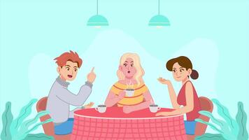 Loop animation of three friends talking and drinking coffee in a modern cartoon style. Ideal for themes like communication, friendship, and lifestyle in cafes or social settings. video