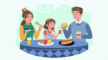 Loop animation of a cheerful family enjoying fast food and sushi together at the table. Perfect for themes of family bonding, diverse meals, lifestyle, and modern cartoon illustration. video
