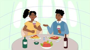 Loop animation of a couple enjoying dinner and wine together in a modern setting. Ideal for romantic, dining, or lifestyle themes in a flat cartoon illustration style. video
