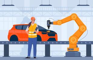 Process of automated car production. Machinery line with robotic hands. Engineer in orange vest and protective helmet controls the process. Assembly line at an automobile factory. illustration. vector