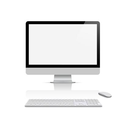 Realistic modern monitor front view with keyboard and mouse
