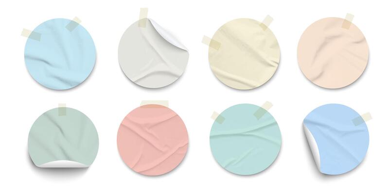 Round pastel color paper stickers with folds and adhesive tapes