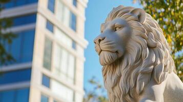 A statue of a lion in front of a building photo