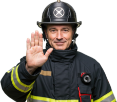 A firefighter in uniform holding up hand gesturing stop with a serious expression png