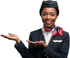 Attractive African American flight attendant presenting something with open hands smiling png