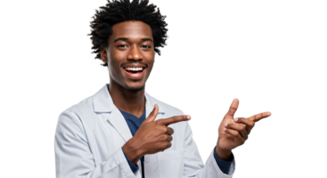 Smiling African American man in lab coat pointing towards the right side of the frame png