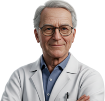 Portrait of a mature, smiling doctor wearing eyeglasses and a white lab coat png