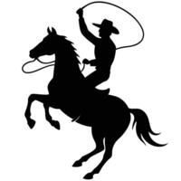 Silhouette of a cowboy on a rearing horse swinging a lasso against a white background vector
