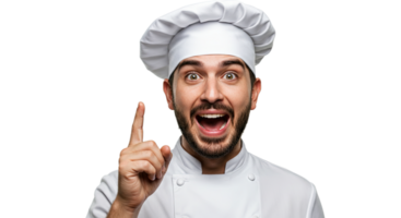 Cheerful chef with an open mouth pointing upwards with his index finger png