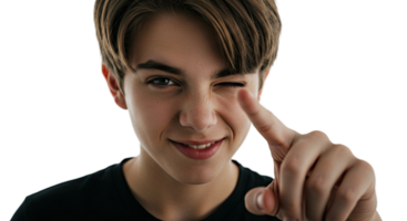Young man winking and pointing his finger towards the camera with a friendly smile png