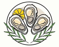 Freshly shucked oysters on a white plate garnished with lemon and greenery illustration vector