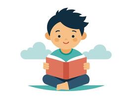 Young boy happily reading a book while sitting on a flat surface with whimsical clouds vector
