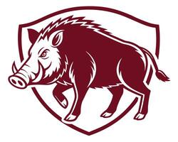 Maroon colored illustrated wild boar emblem on a white background in a shield shape vector