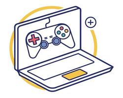 Laptop with gaming controller and a plus sign suggesting online game features. vector