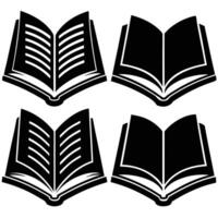 Four open book icons showing pages in minimalist black and white illustration vector